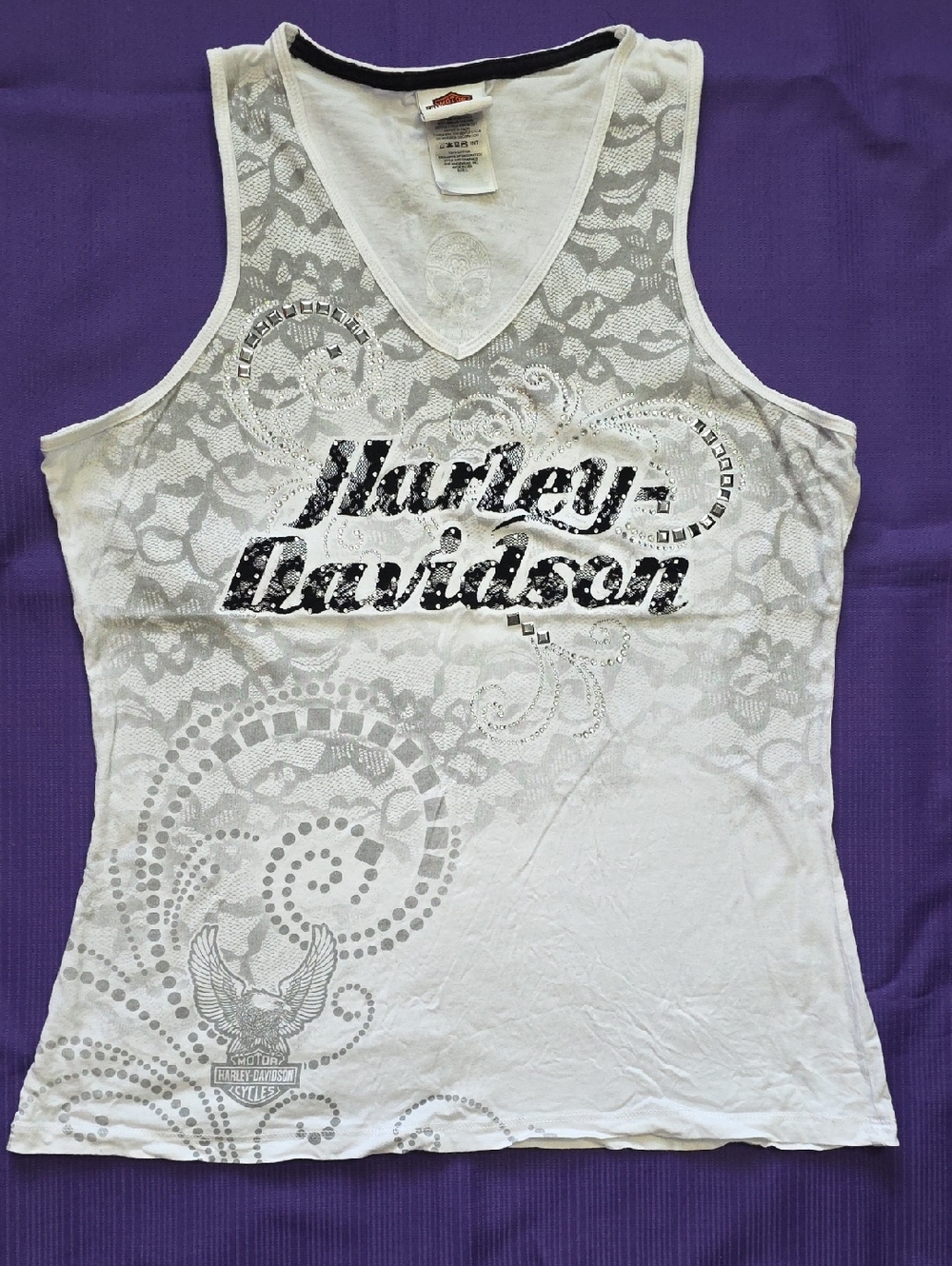 Harley-Davidson White Lace-Pattern V-Neck Tank with Black Logo Accents